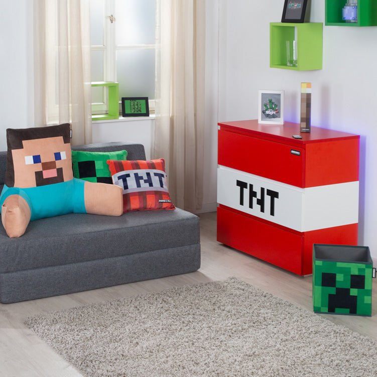 Minecraft Liese-Këssen „Steve“ – Entspanungskëssen mat Réck- & Armstëtze