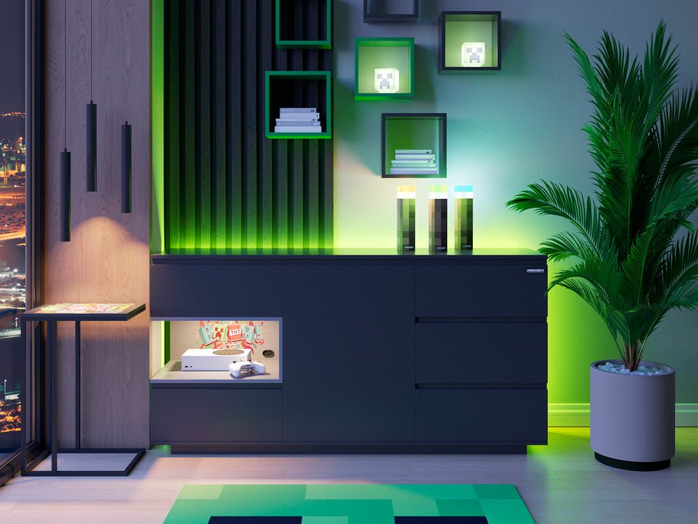 Minecraft dresser "PixelVault" – with LED, 5 drawers & console compartment