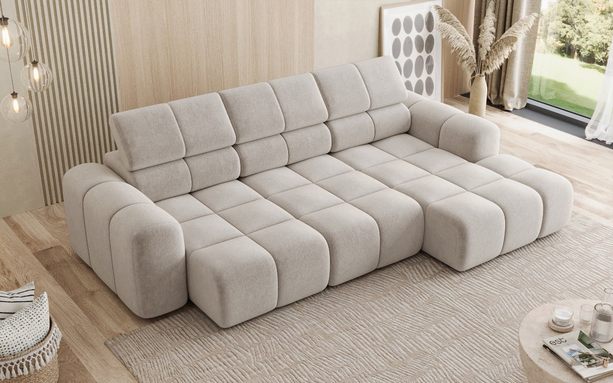 Designer sofa Mia L with electric seat extension in chenille