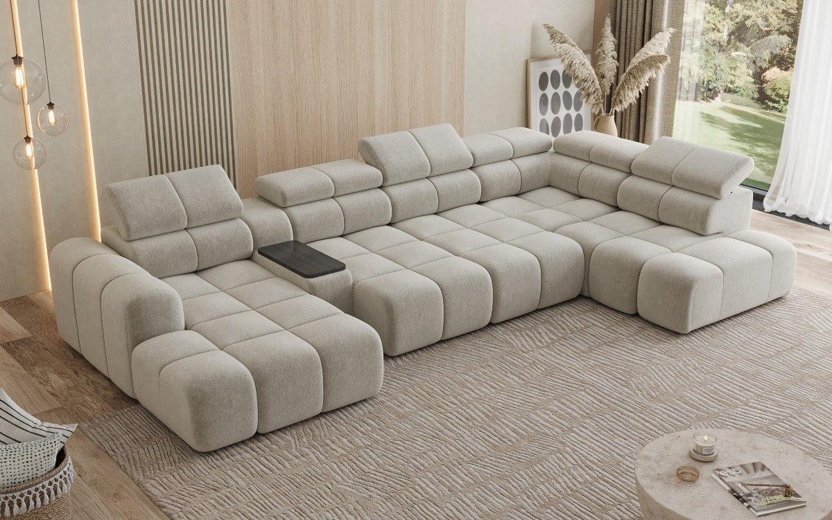 Designer sofa living area Mia with electric seat extension in chenille