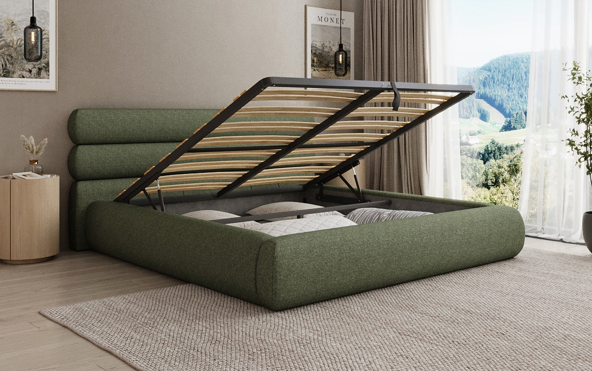 Lit rembourré design Joline en tissu structuré avec espace de rangement