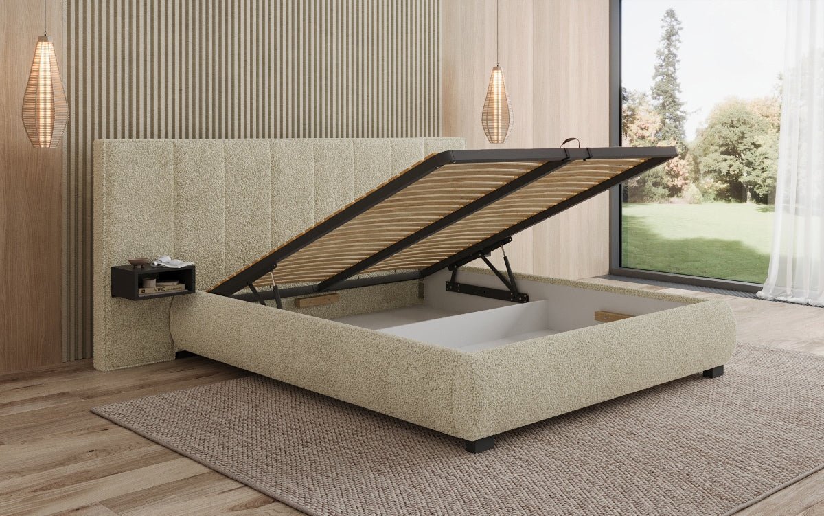 Lit rembourré design Elvara en Bouclé avec rangement