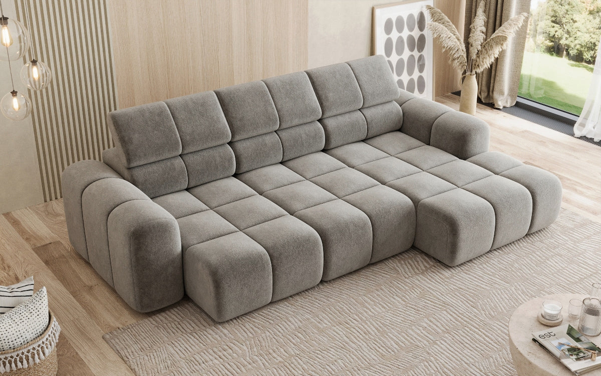 Designer sofa Mia L with electric seat extension in chenille