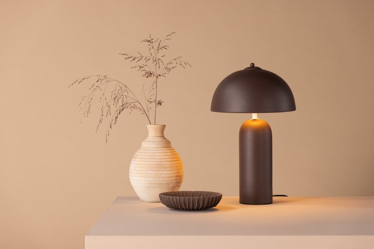 Table lamp "Terranova" – Brown stone-crafted elegance with round shade
