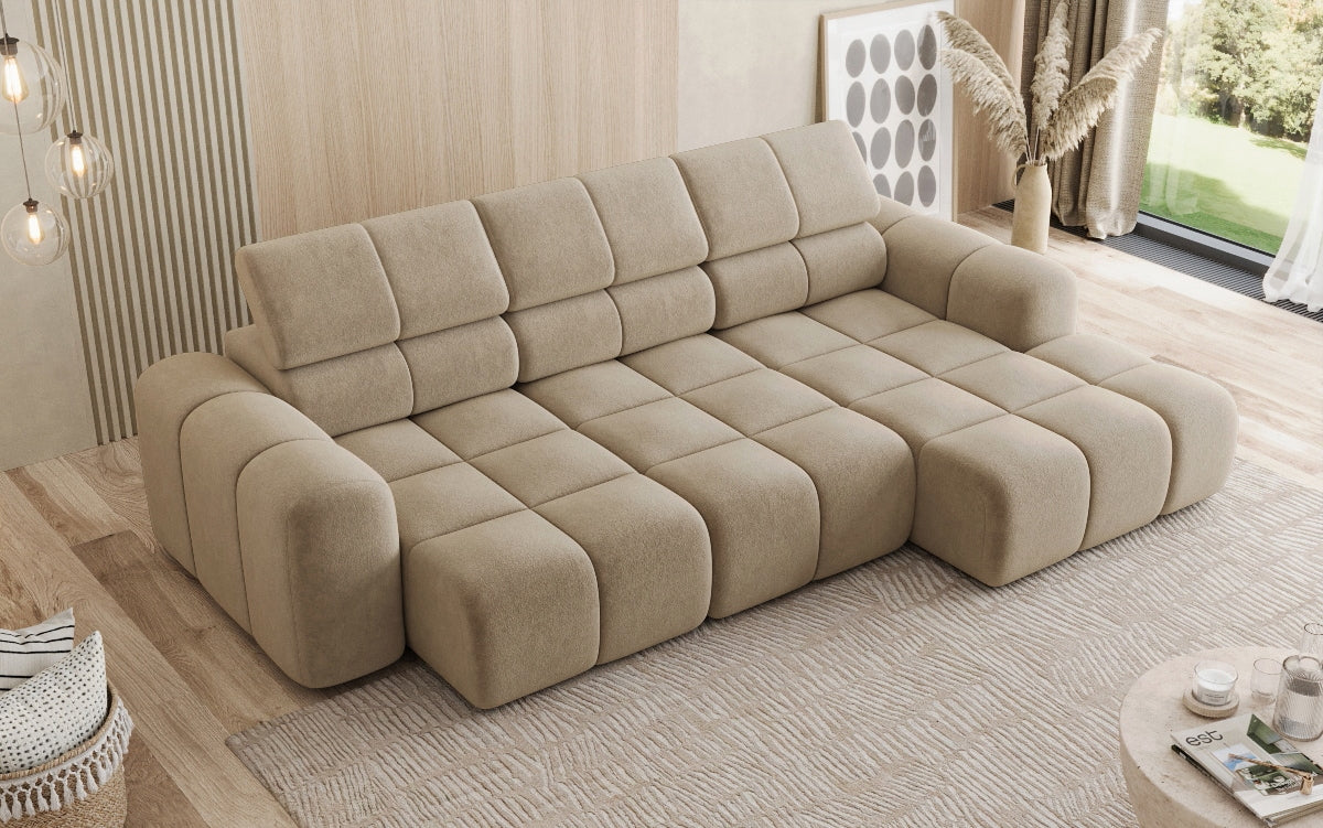 Designer sofa Mia L with electric seat extension in chenille