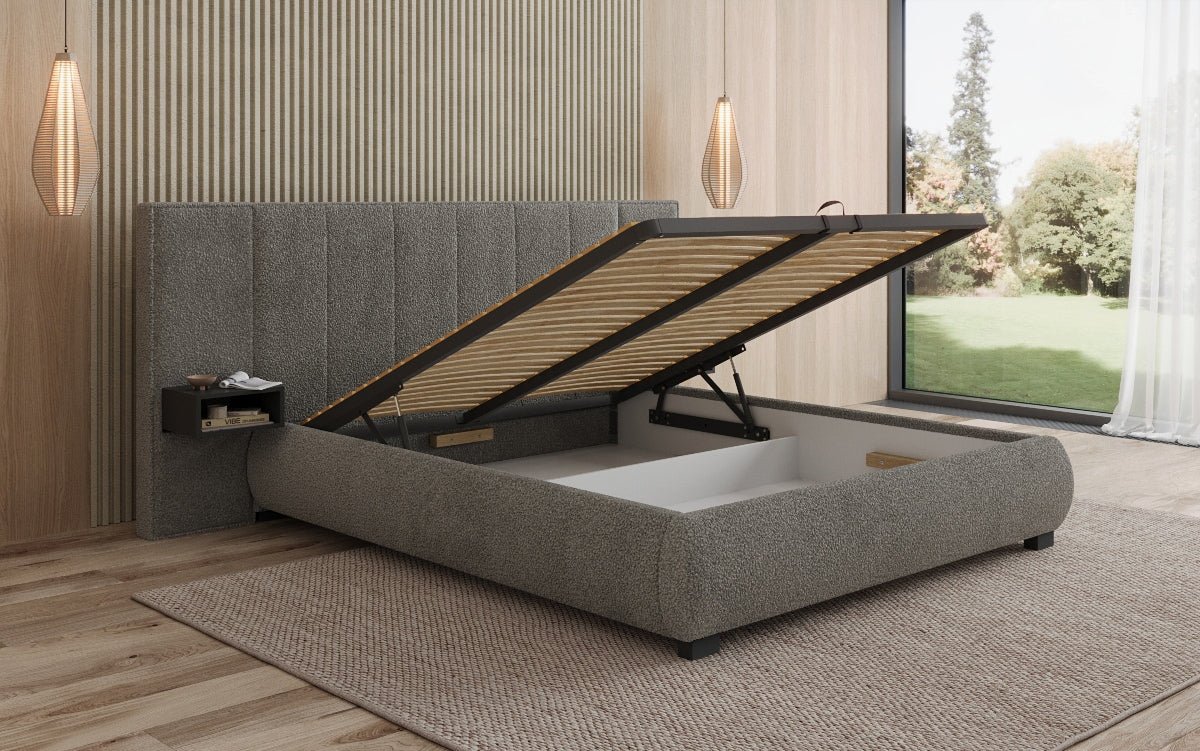 Lit rembourré design Elvara en Bouclé avec rangement