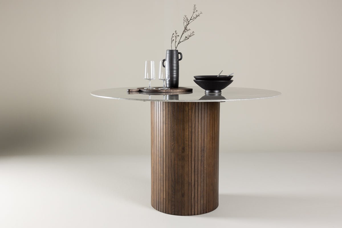 Table à manger Justin - table à manger ronde en bois de frêne moka avec plateau en verre