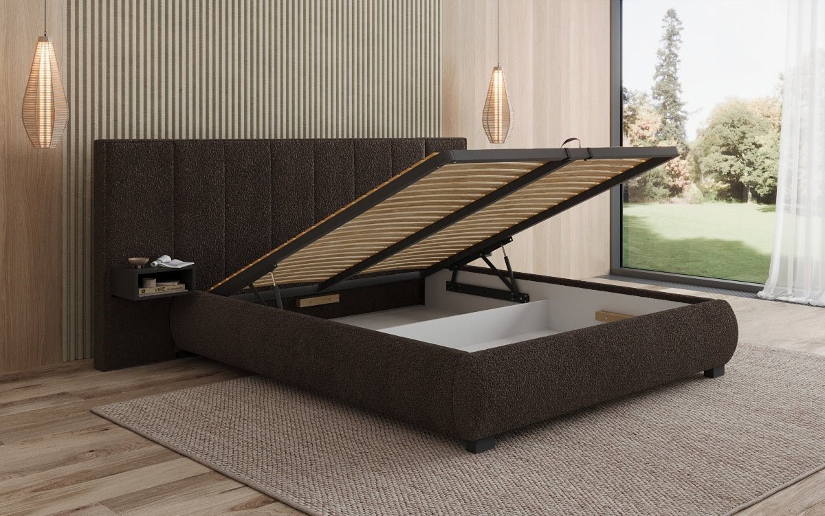 Lit rembourré design Elvara en Bouclé avec rangement