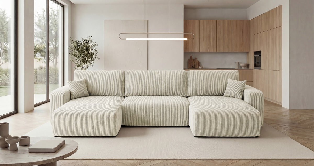 Canapé design Noma U avec fonction couchage et espace de rangement en Côtelé