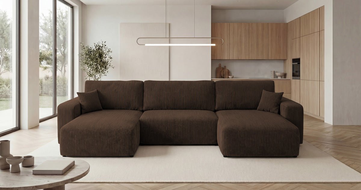 Canapé design Noma U avec fonction couchage et espace de rangement en Côtelé