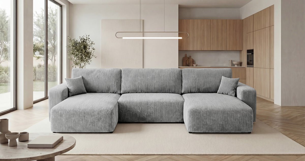 Canapé design Noma U avec fonction couchage et espace de rangement en Côtelé