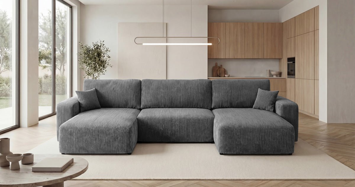 Canapé design Noma U avec fonction couchage et espace de rangement en Côtelé