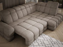 Designer corner sofa Lima with electric sleeper function in bouclé