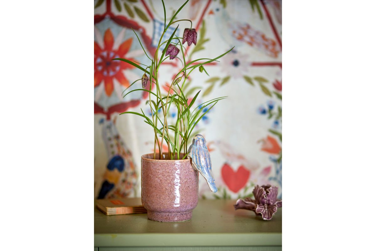 Blummepott Birdy - Handbemolten Steingut mat dekorativem Vugel