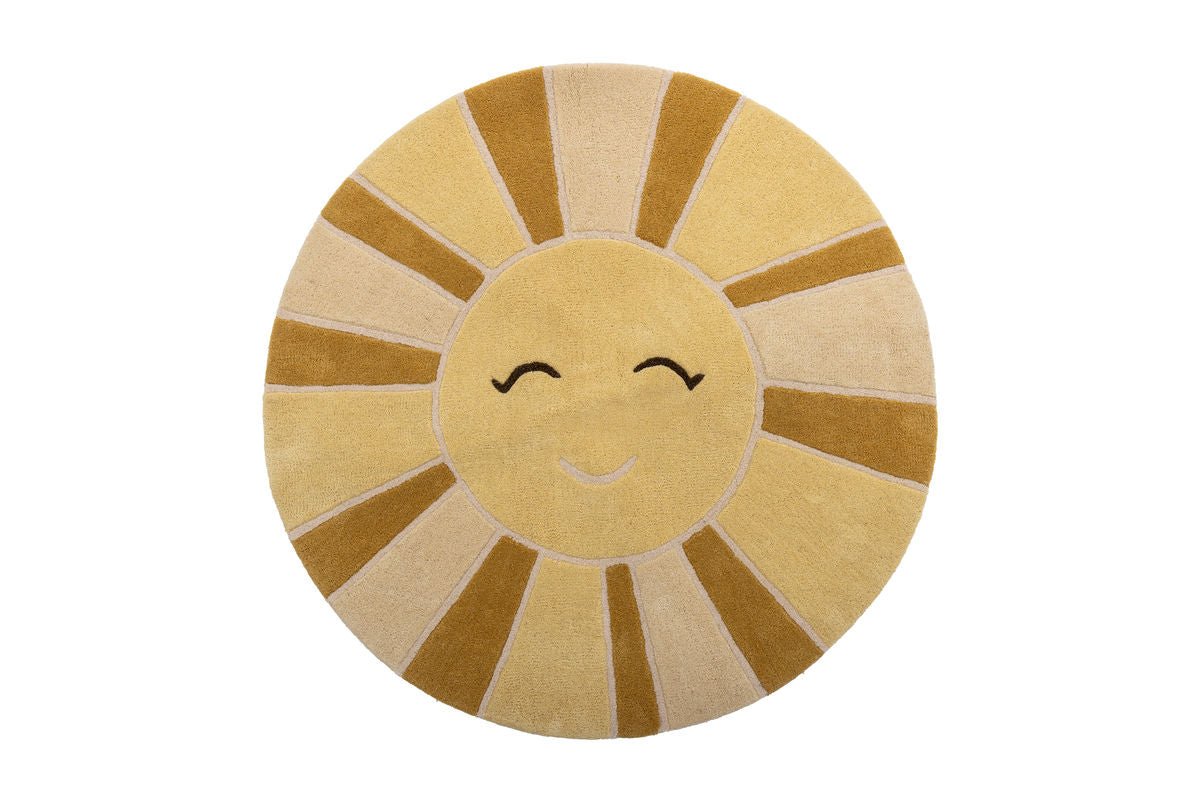 Kanner-Teppe „Sunny“ – Giel Wollteppe mat Sonnemotiv