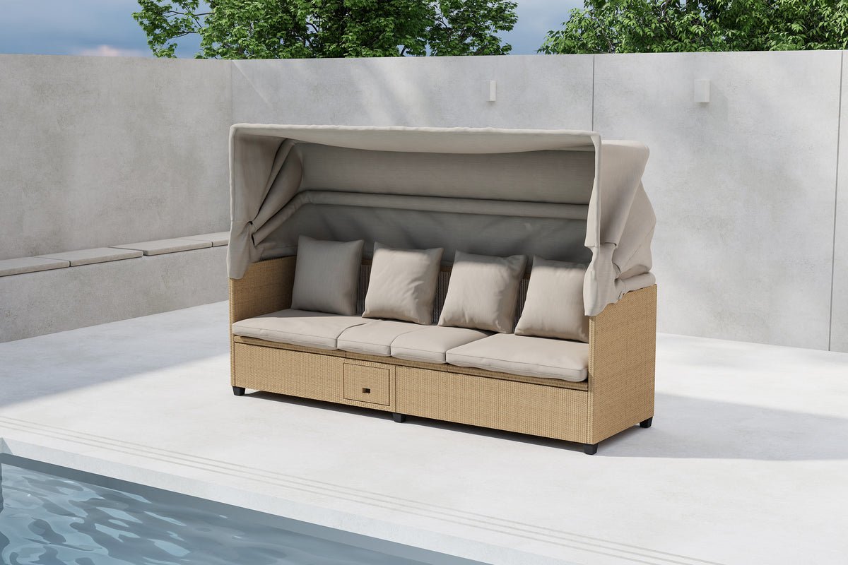 Lit de jardin Merano – Chaise longue d'extérieur avec auvent en polyrattan Beige