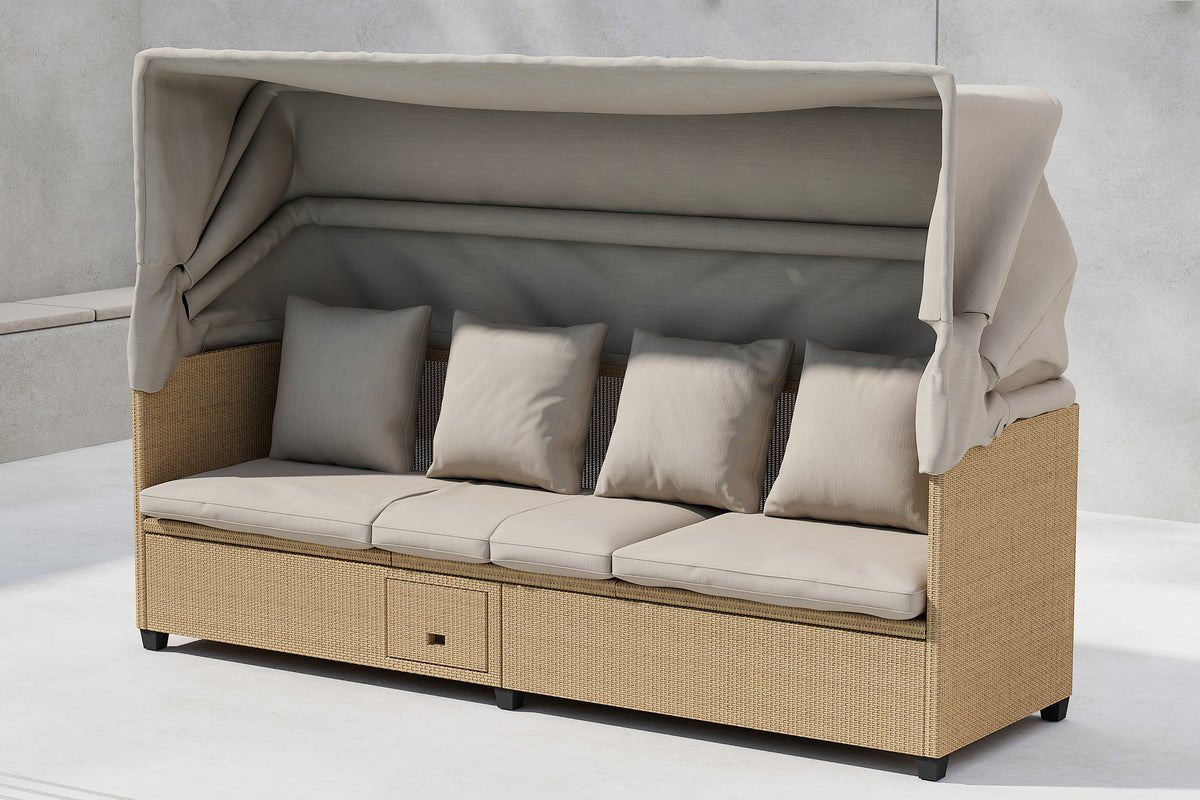 Lit de jardin Merano – Chaise longue d'extérieur avec auvent en polyrattan Beige