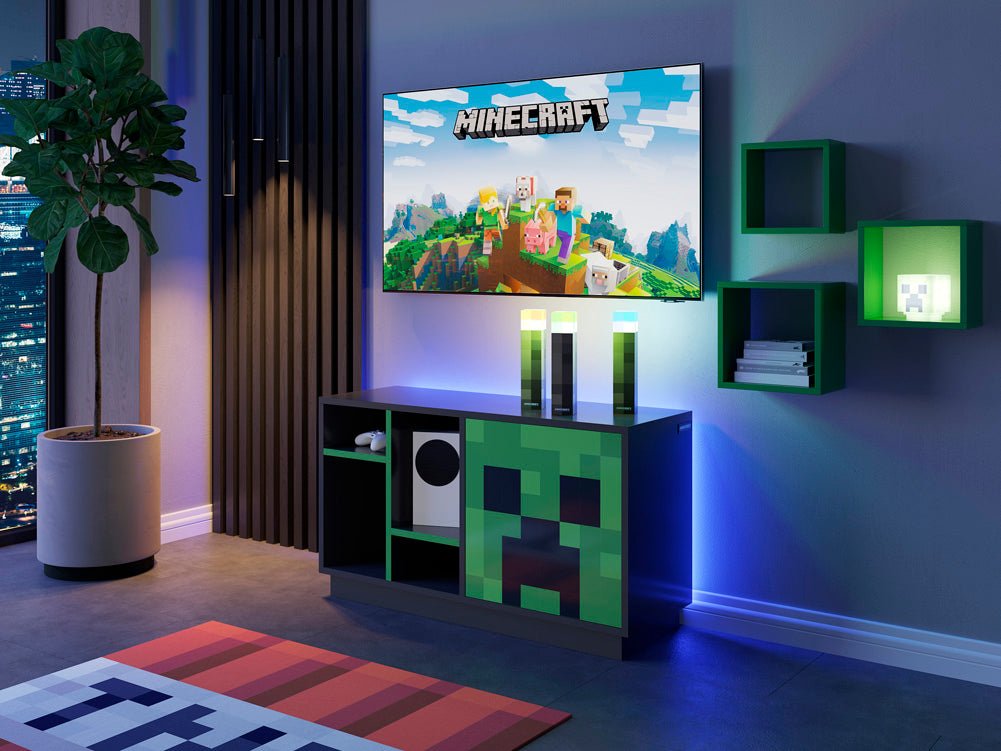 Minecraft TV lowboard "CreeperCube" – with push-open door & open compartments
