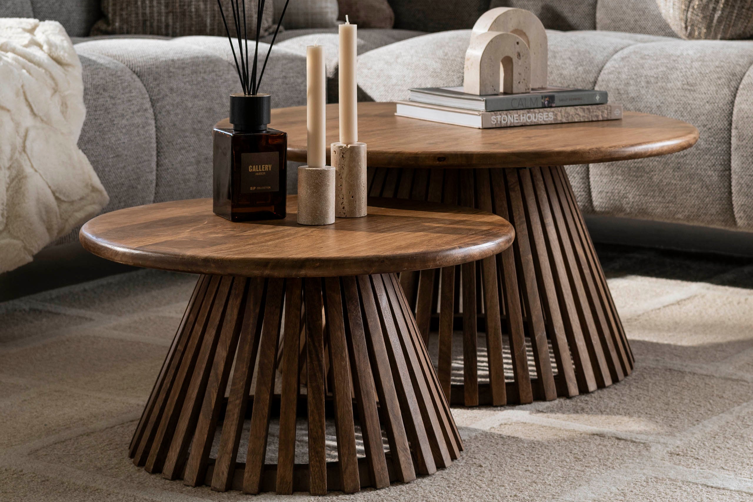 Coffee table Savira - 2-piece set made of mango wood with conical table leg