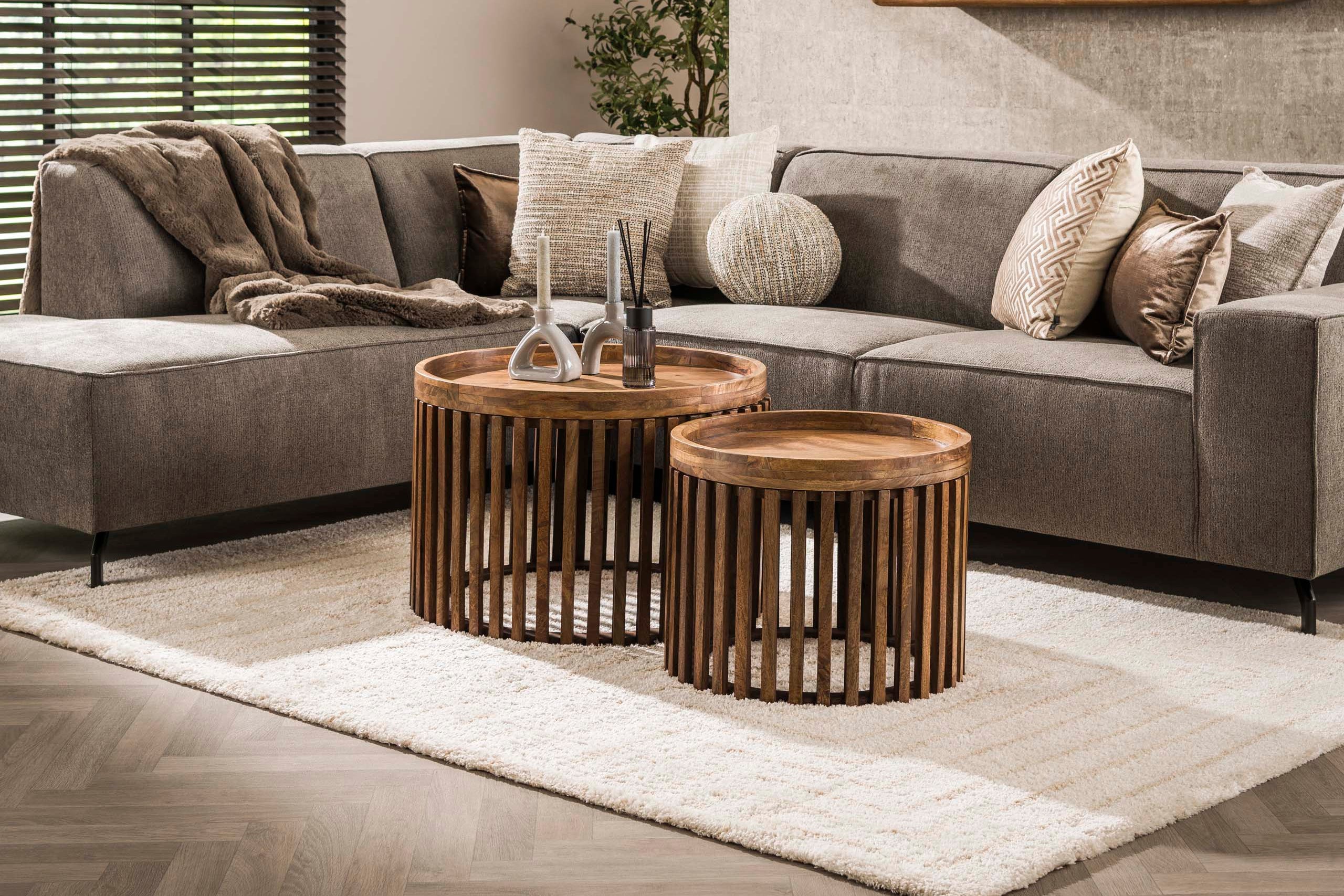 Coffee table Marula - 2-piece set made of mango wood with sand-colored finish