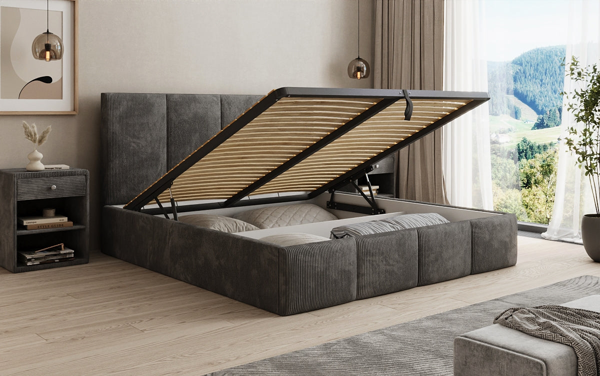 Designer Polsterbett Mina in Cord mit Stauraum