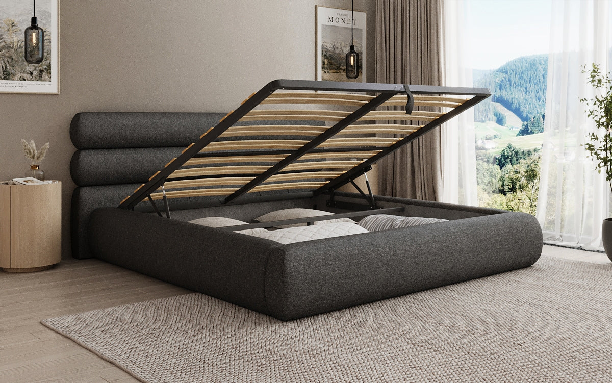 Lit rembourré design Joline en tissu structuré avec espace de rangement