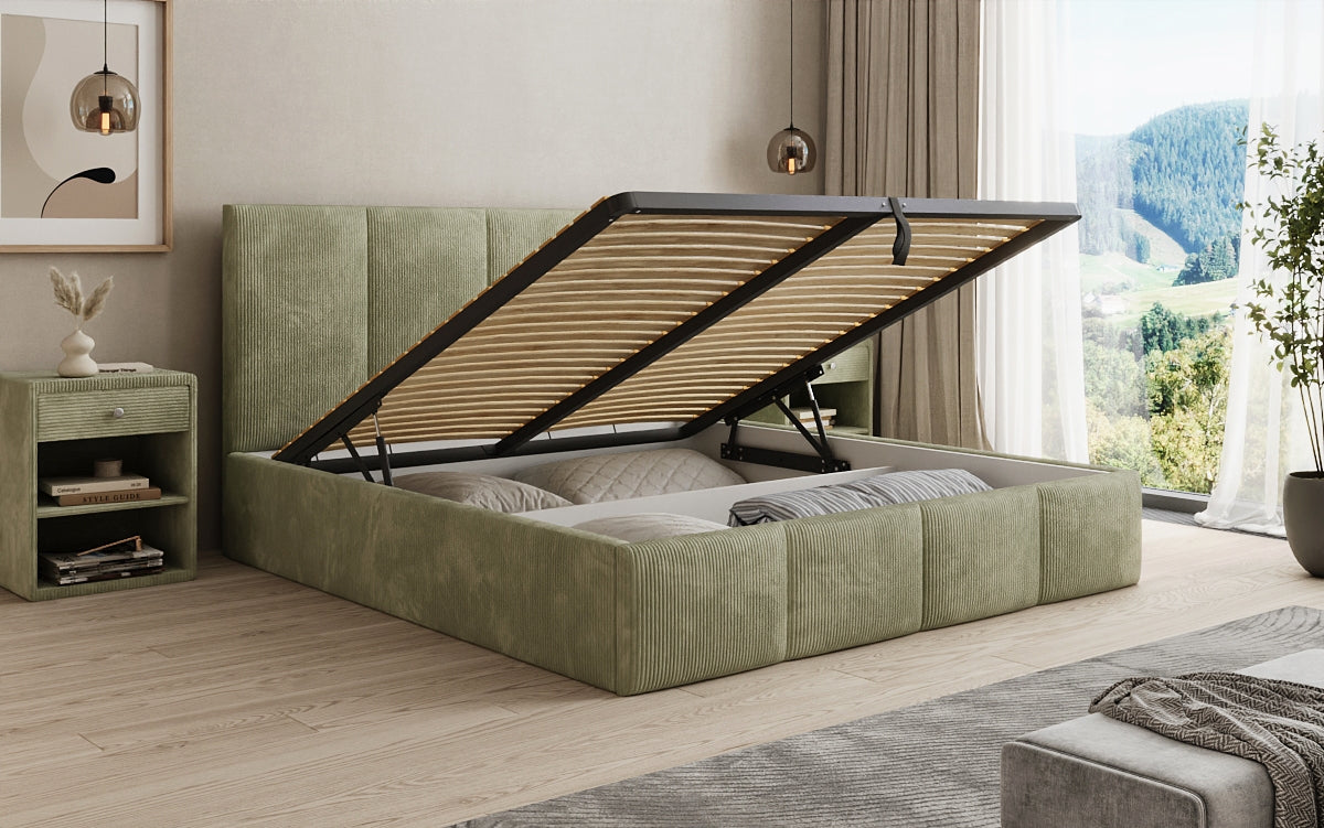 Designer Polsterbett Mina in Cord mit Stauraum