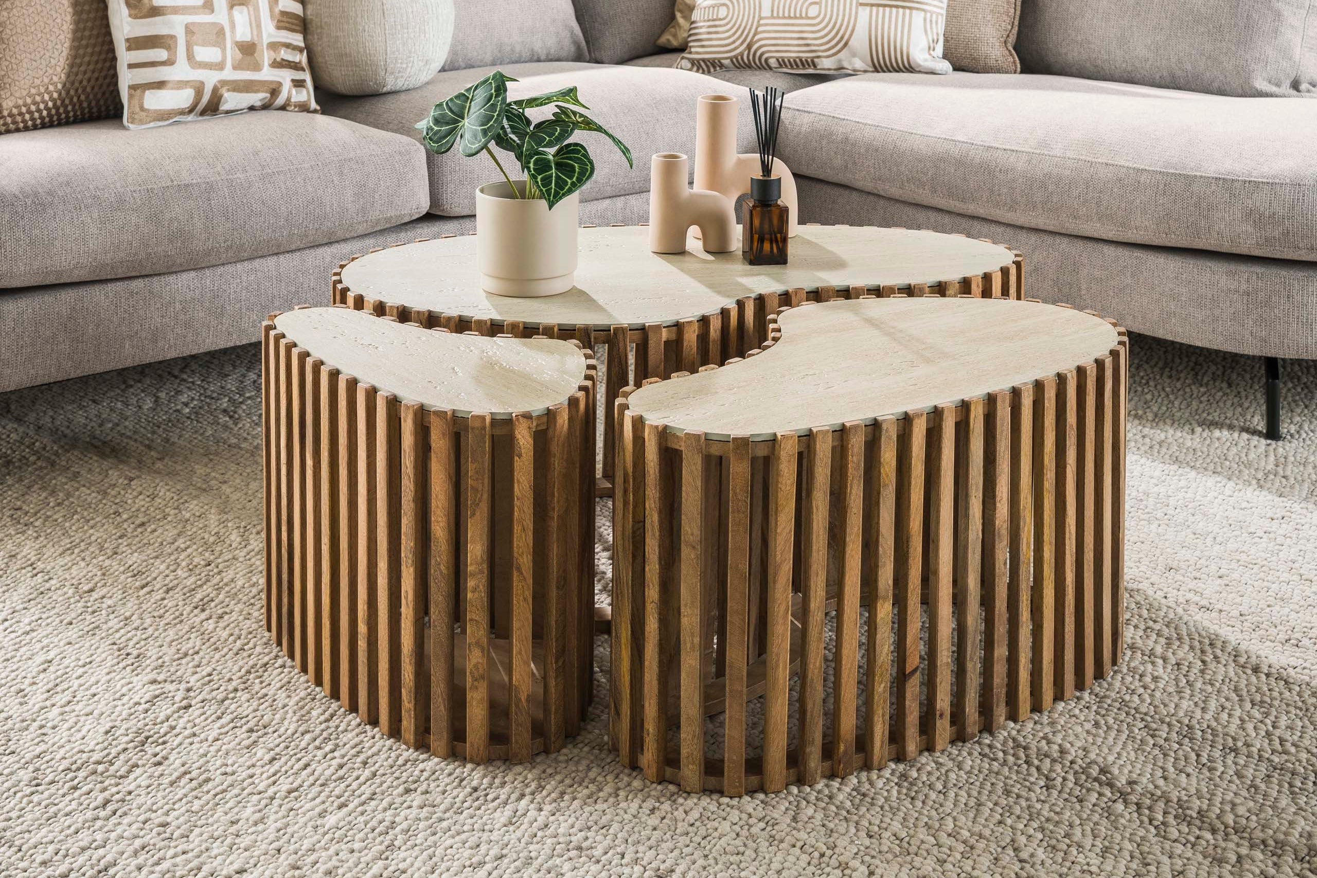Coffee Table Savara - Set of 3 made of Mango Wood with Ceramic Tabletop