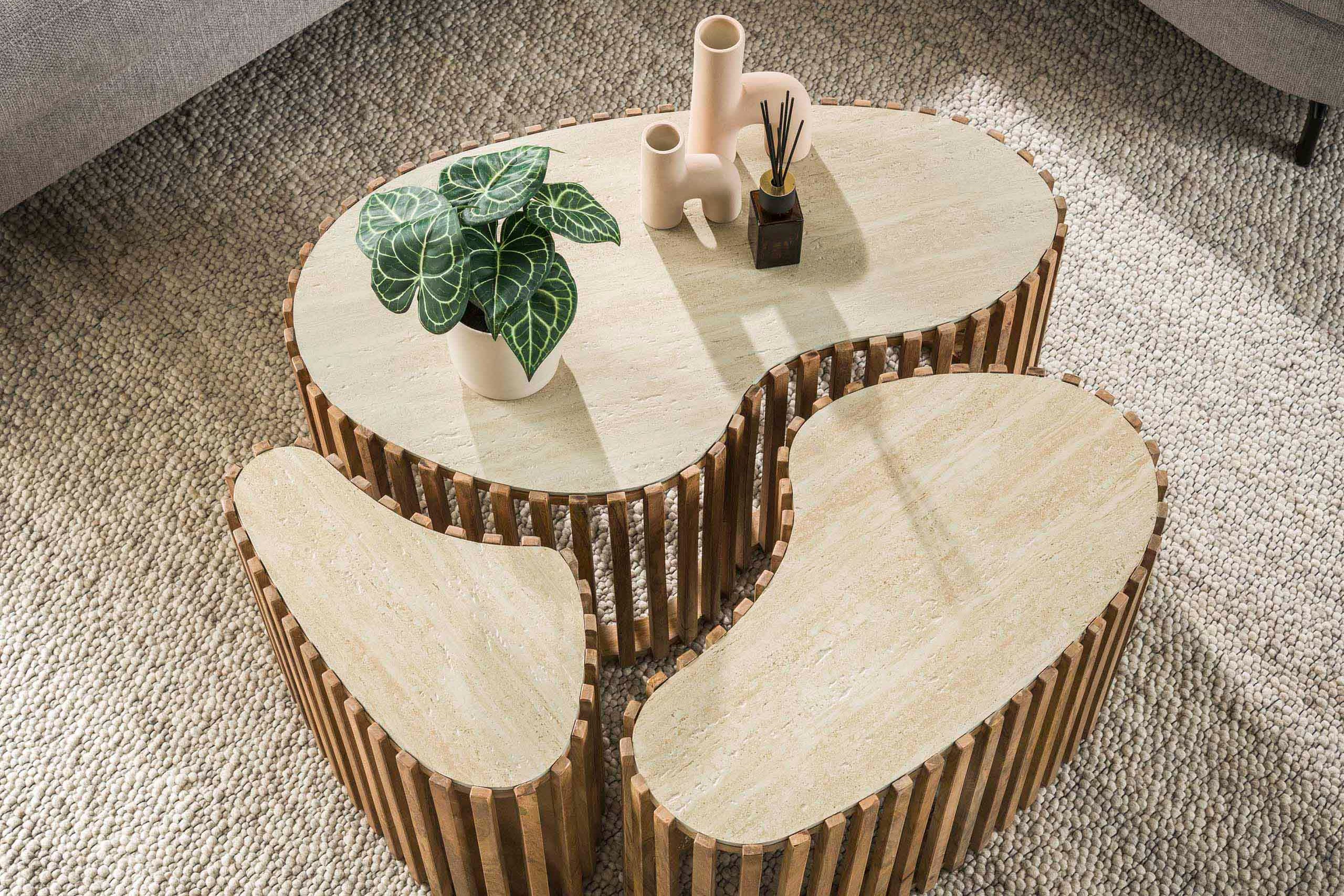 Table basse Savara - ensemble de 3 pièces en bois de manguier avec plateau en céramique