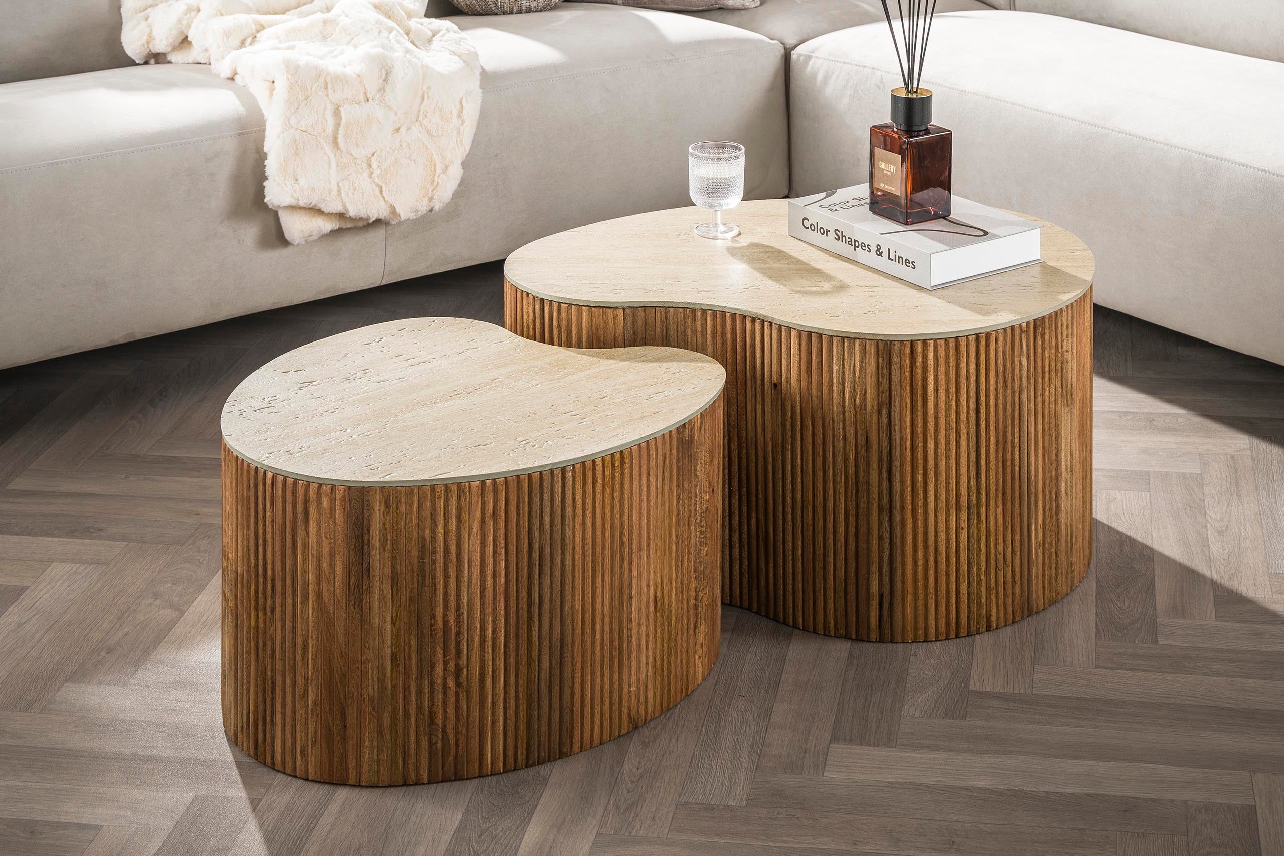 Coffee Table Tavara - Set of 2 made of sand-colored mango wood with ceramic tabletop