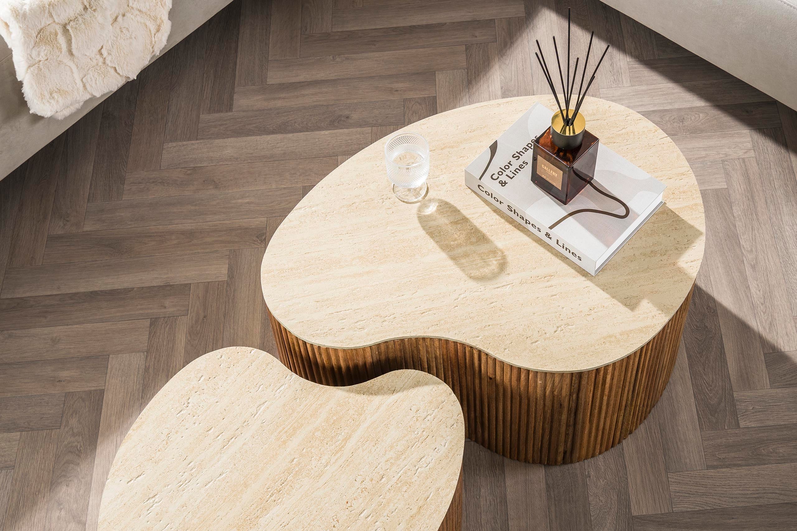 Table basse Tavara - lot de 2 en bois de manguier couleur sable avec plateau en céramique