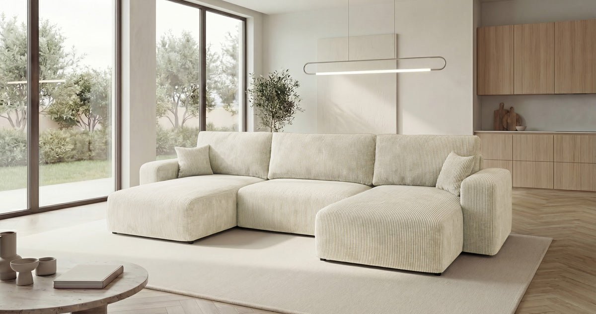 Canapé design Noma U avec fonction couchage et espace de rangement en Côtelé