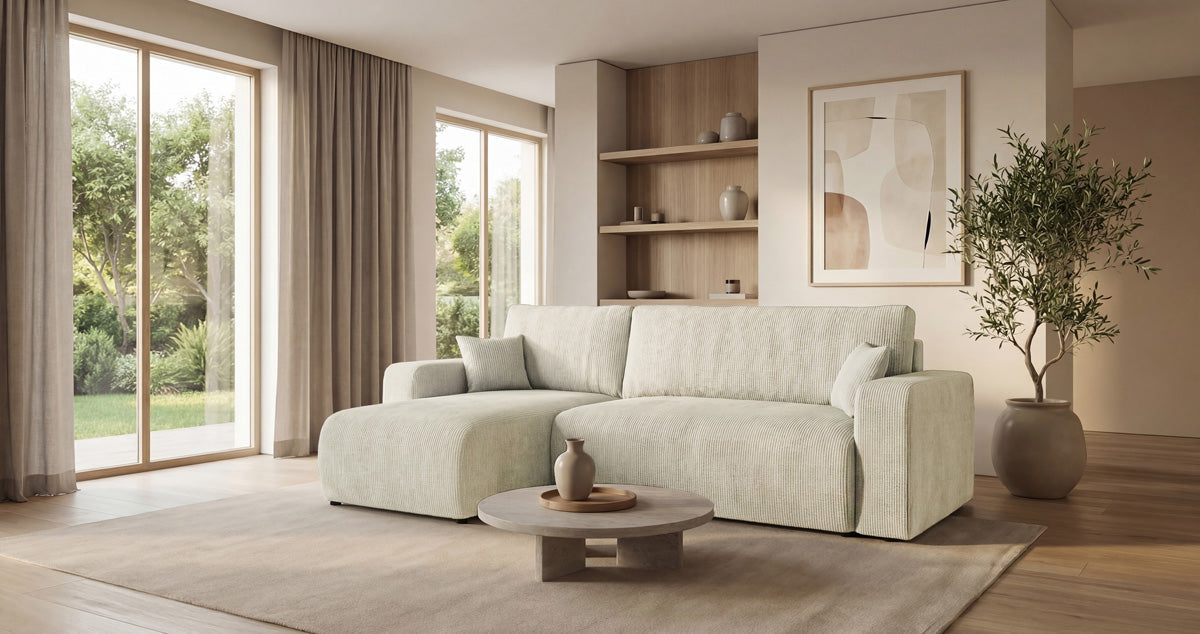 Designer Sofa Calva with Sleeper and Folding Function in Corduroy