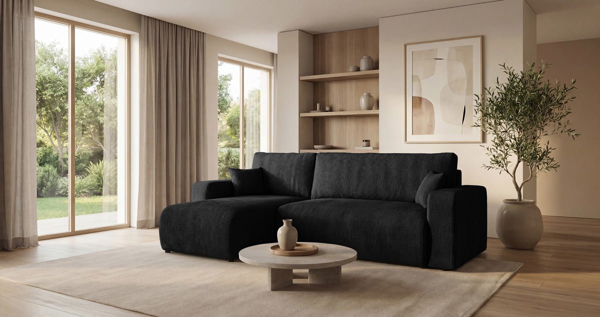 Designer Sofa Calva with Sleeper and Folding Function in Corduroy