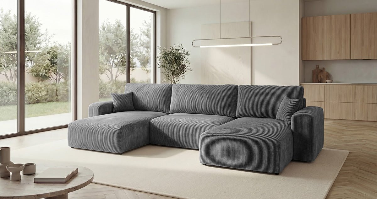 Canapé design Noma U avec fonction couchage et espace de rangement en Côtelé