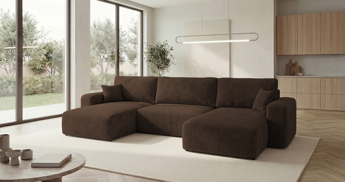Canapé design Noma U avec fonction couchage et espace de rangement en Côtelé