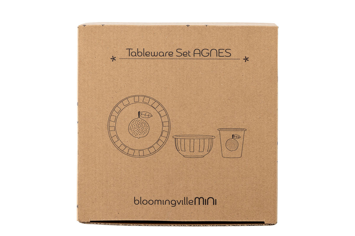 Kanner Geschir-Set Anni – 3-deelleg a Wäiss mat Orangen & Sträifen