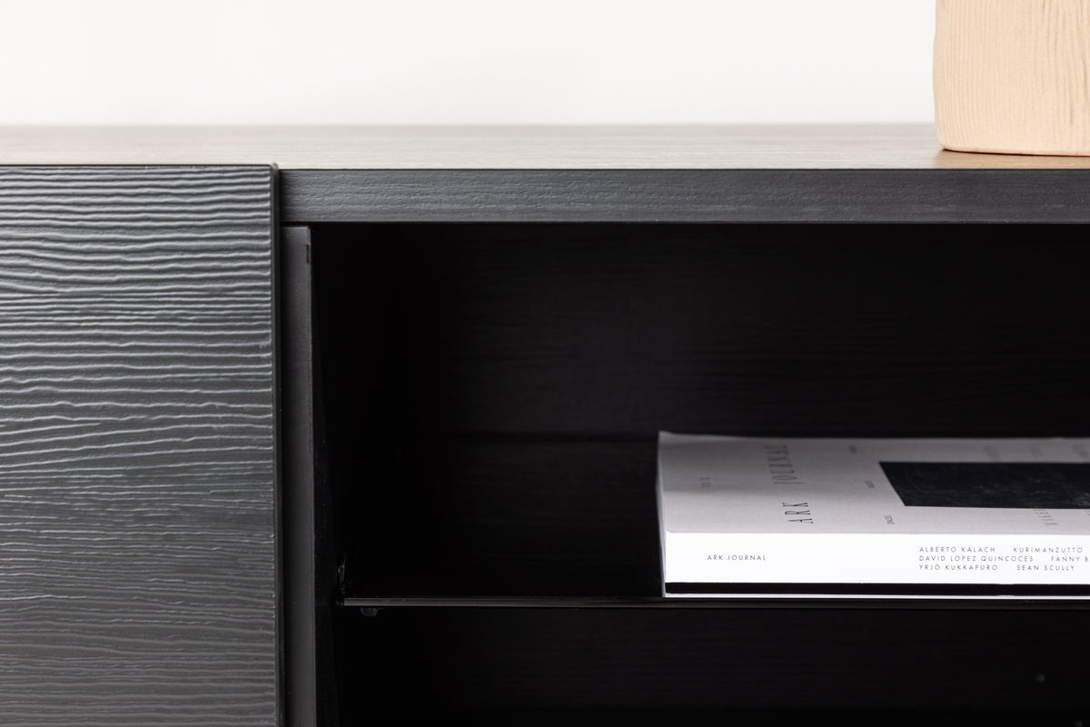 Meuble TV bas design Avento – Noir, mat, avec pied central