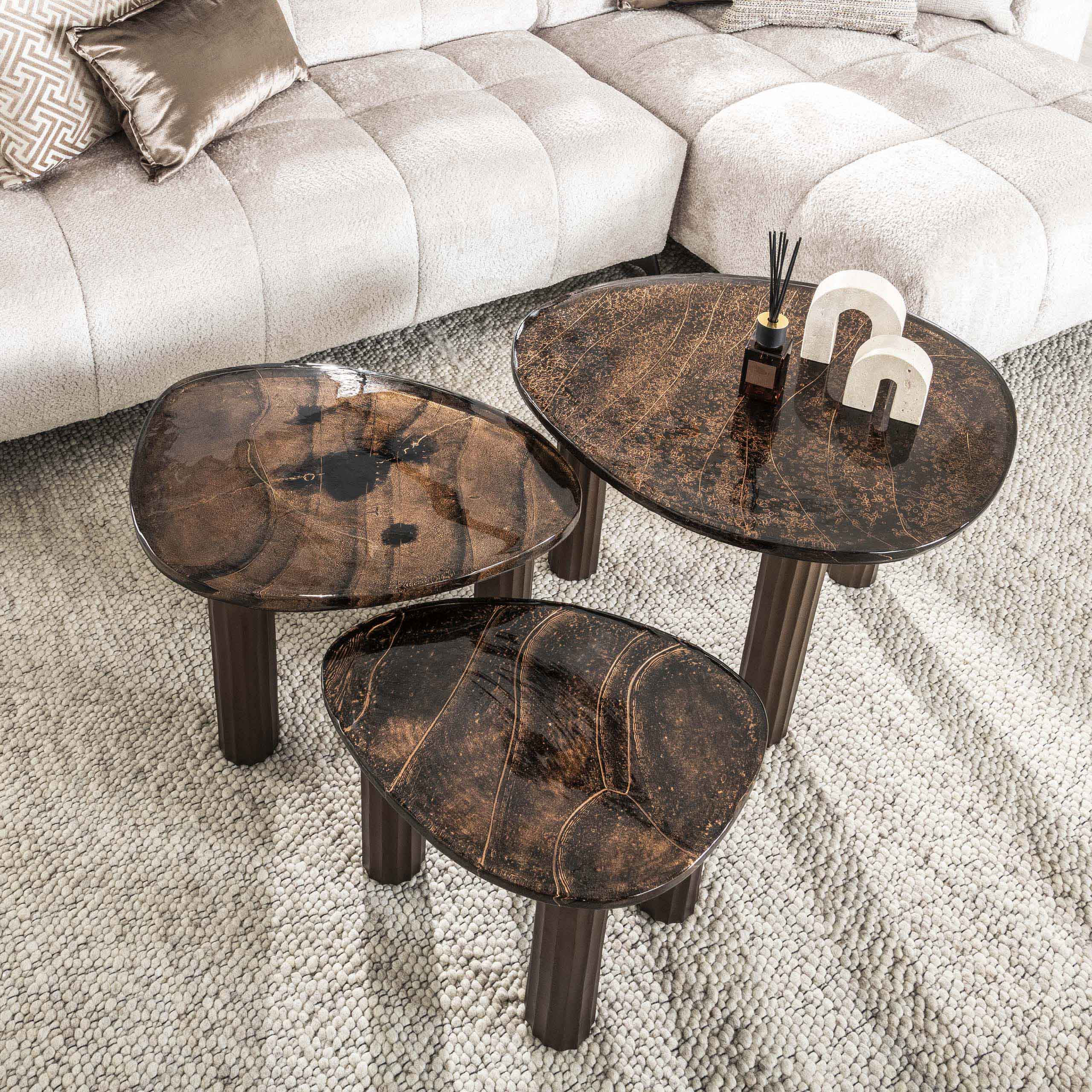 Couchtisch Elysium - Gréisst S an Antikkupfer oder Antikgold mat Gossglas