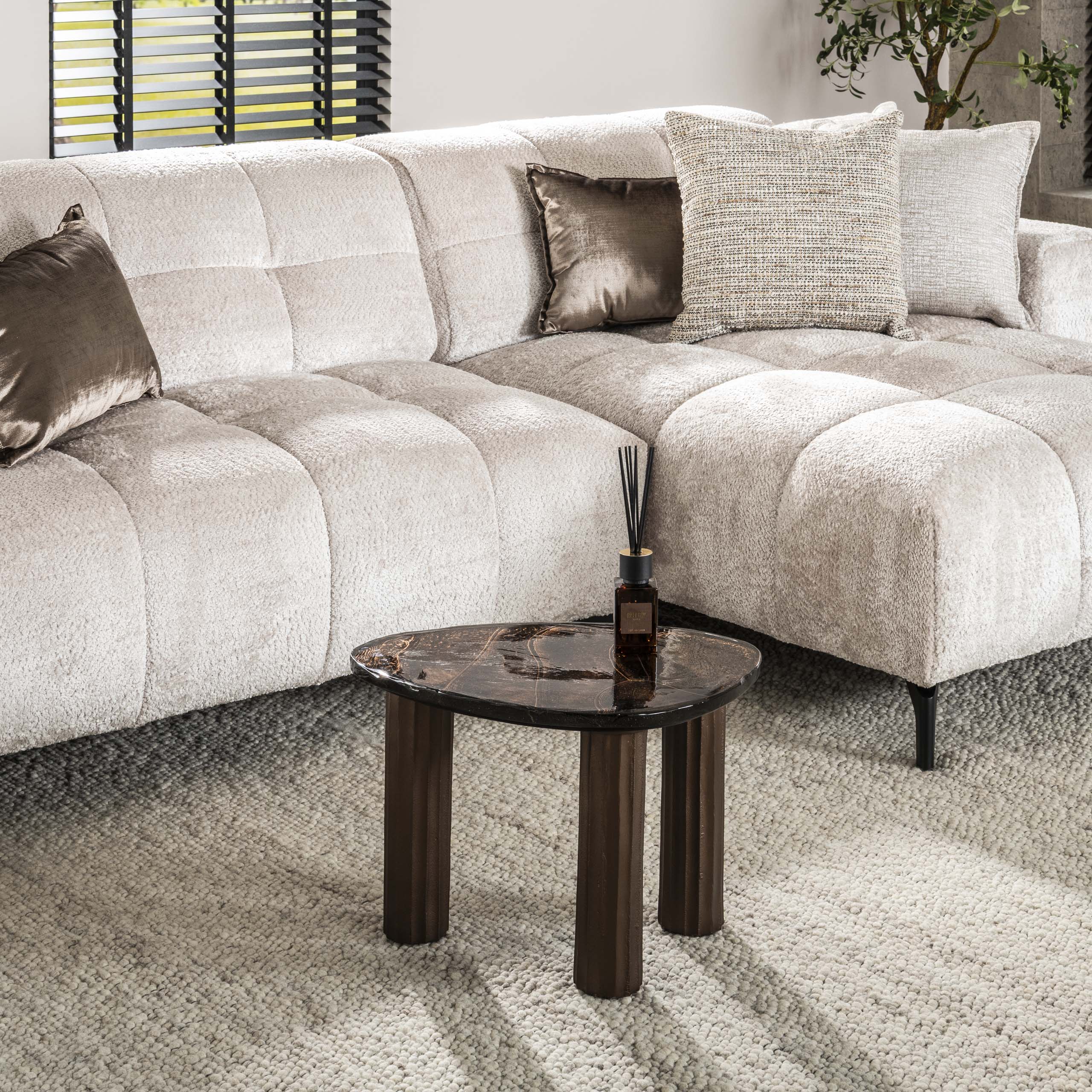 Couchtisch Elysium - Gréisst S an Antikkupfer oder Antikgold mat Gossglas