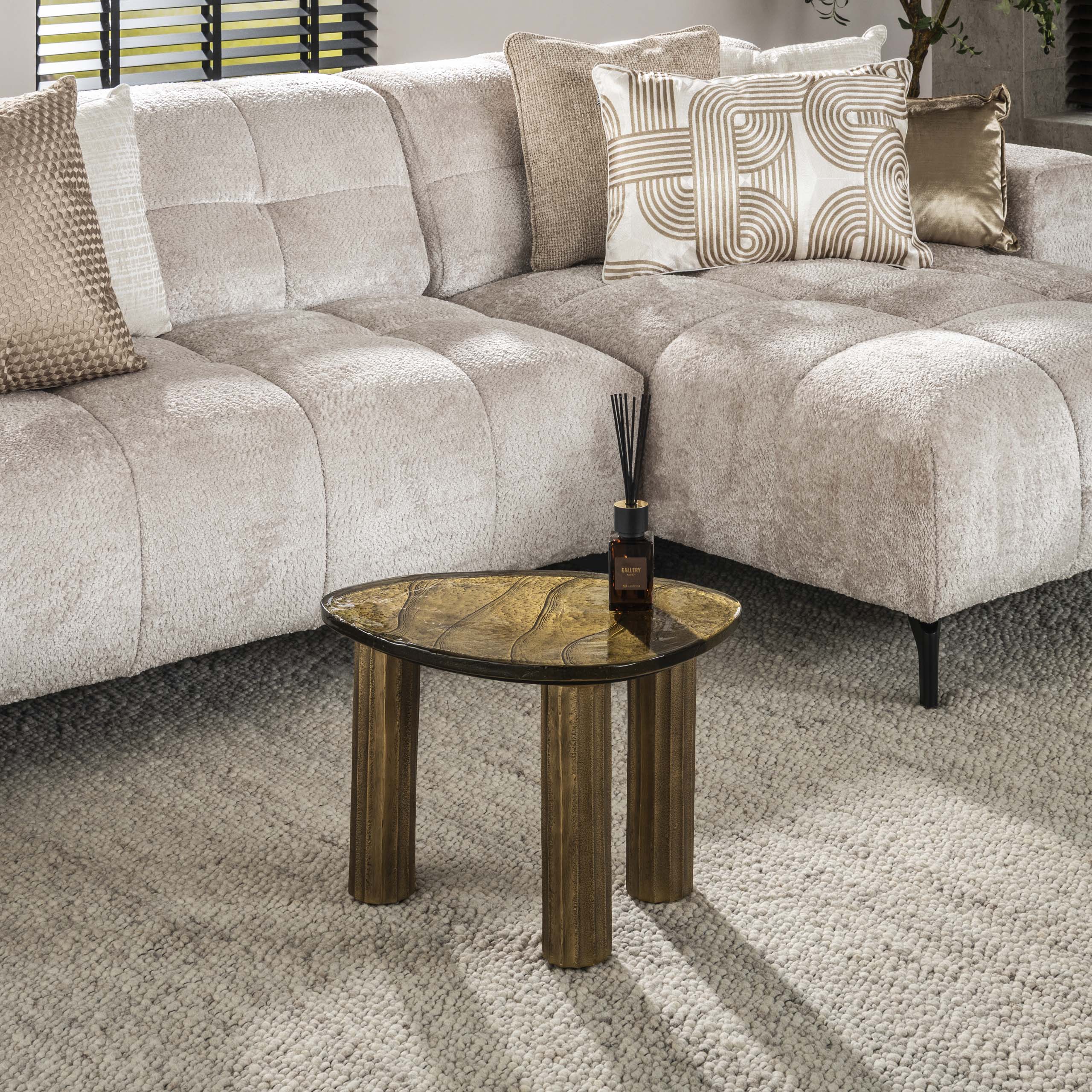 Couchtisch Elysium - Gréisst S an Antikkupfer oder Antikgold mat Gossglas