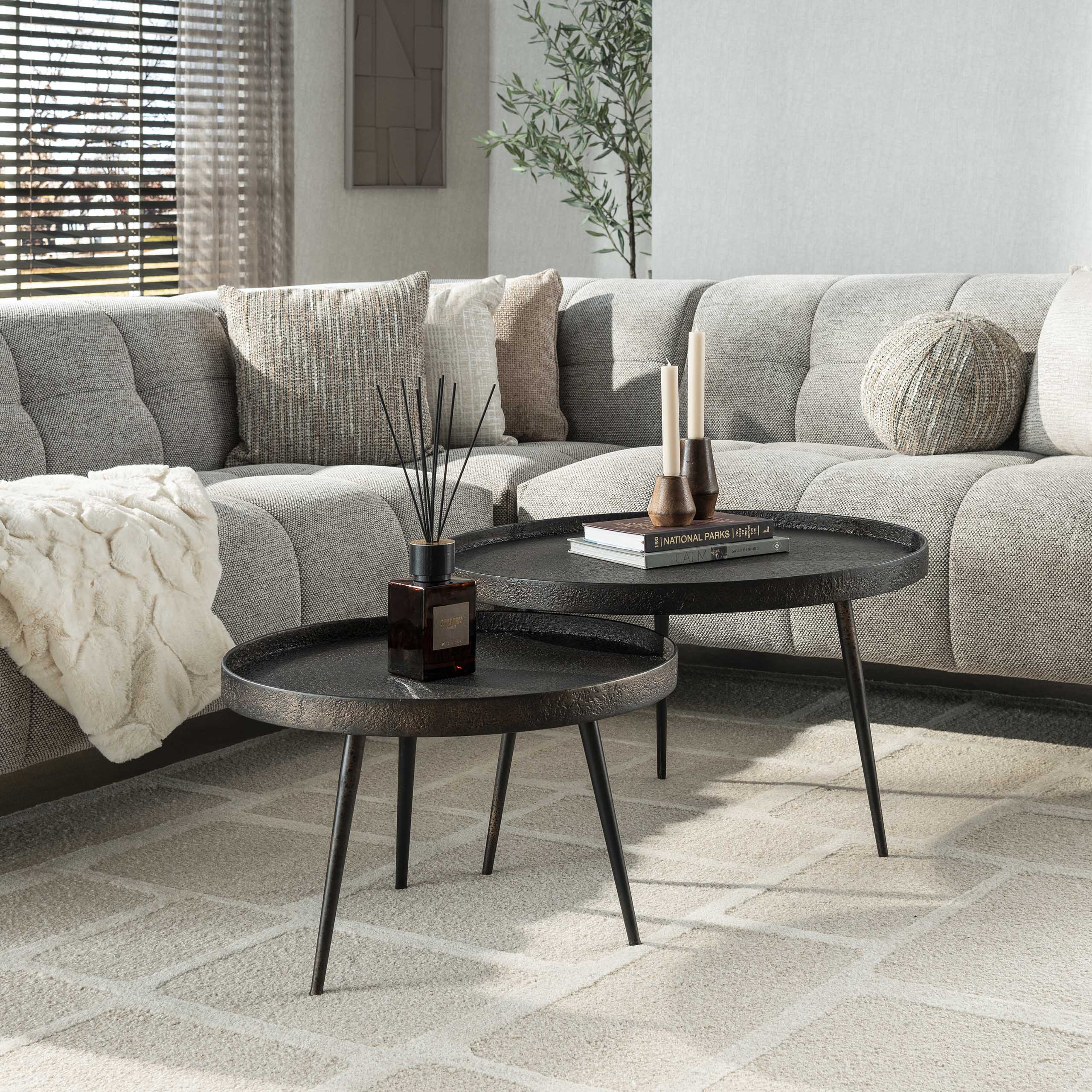 Coffee Table Chrysos - 2-Piece Set in Gray Metallic with Raised Edge