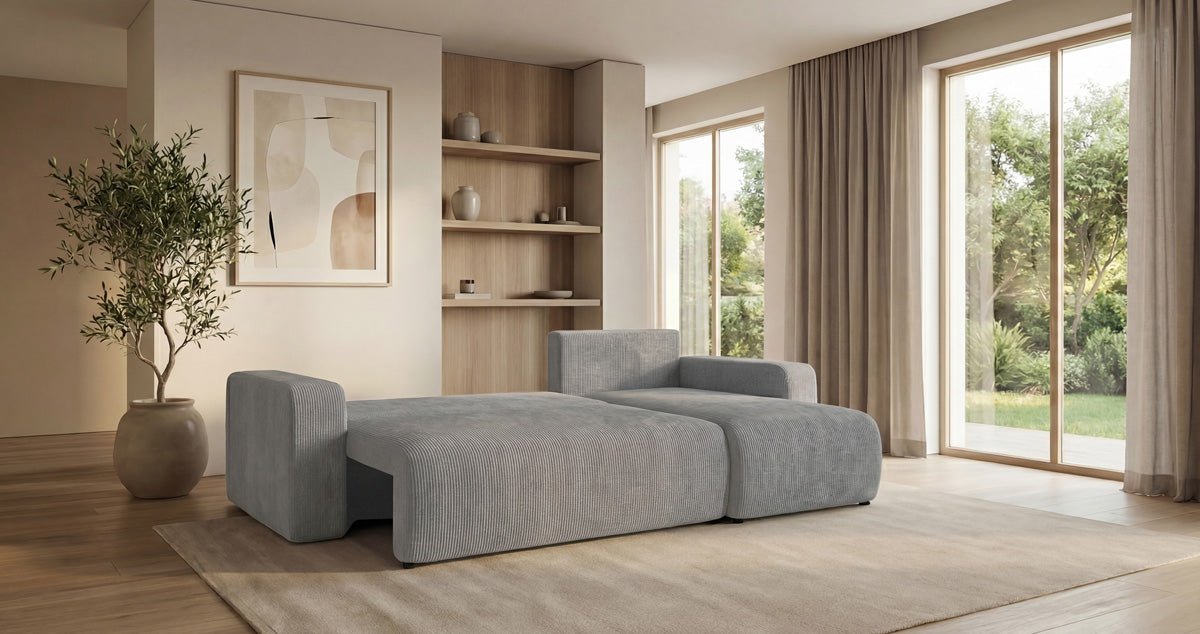 Designer Sofa Calva with Sleeper and Folding Function in Corduroy