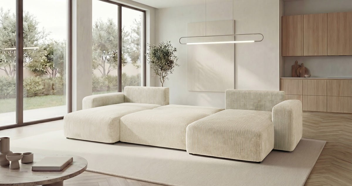 Canapé design Noma U avec fonction couchage et espace de rangement en Côtelé