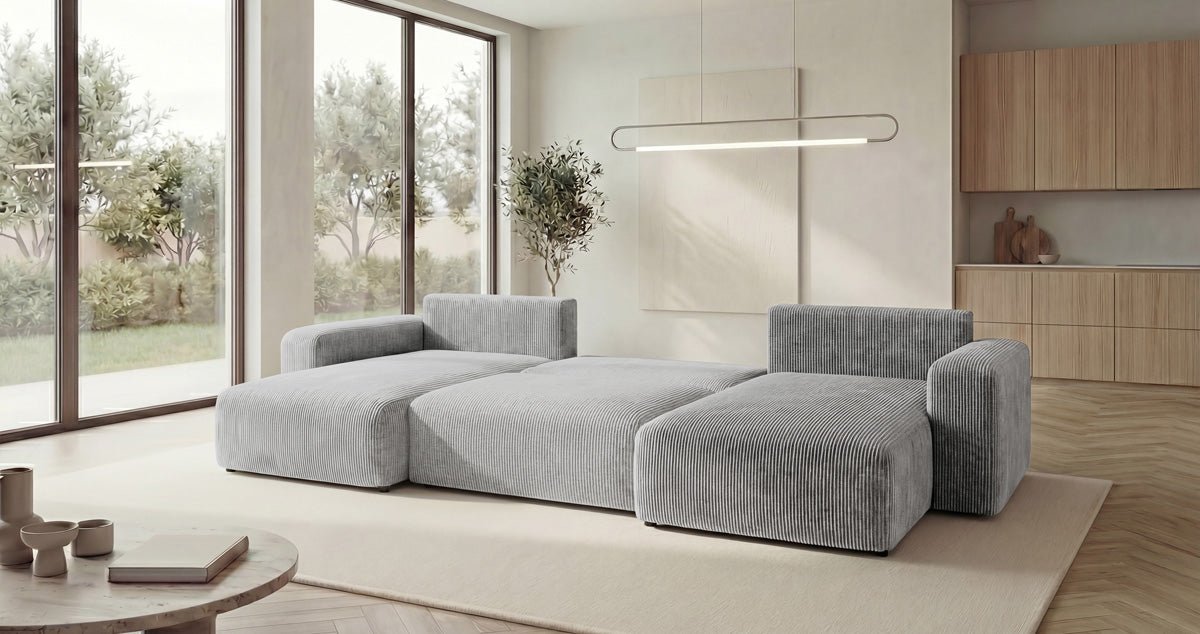 Canapé design Noma U avec fonction couchage et espace de rangement en Côtelé