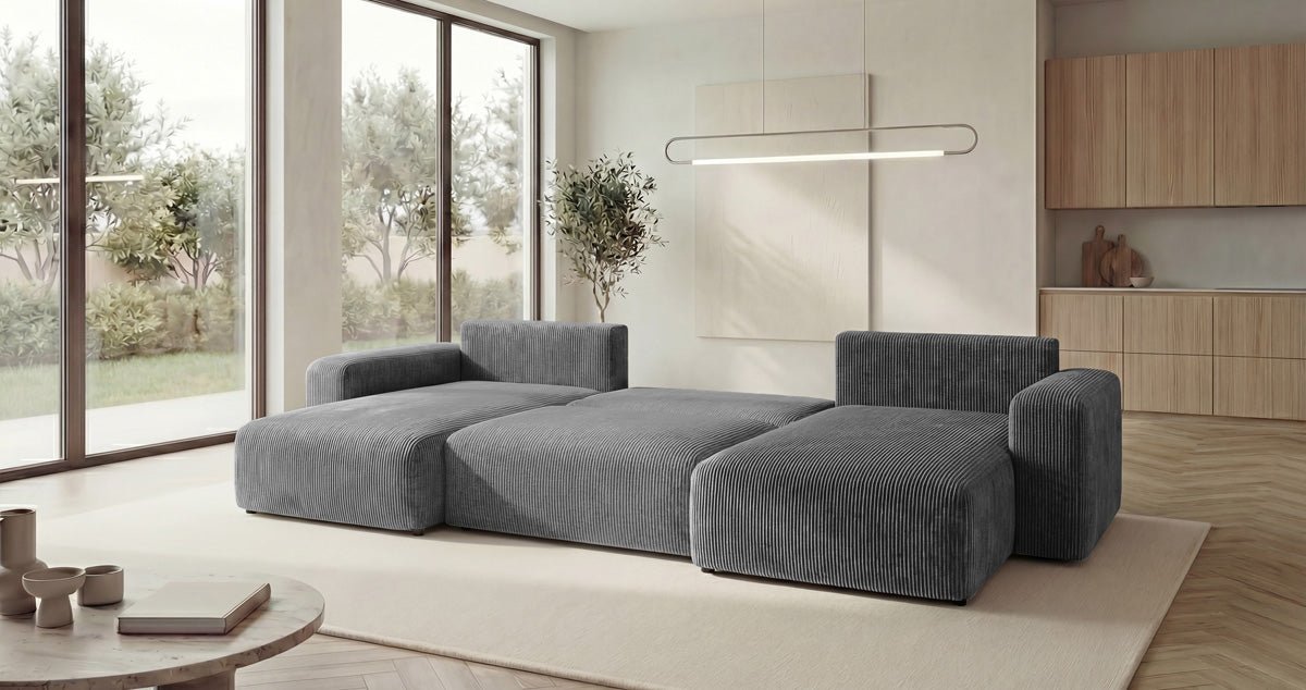 Canapé design Noma U avec fonction couchage et espace de rangement en Côtelé