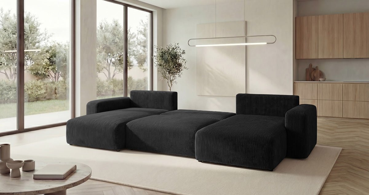Canapé design Noma U avec fonction couchage et espace de rangement en Côtelé
