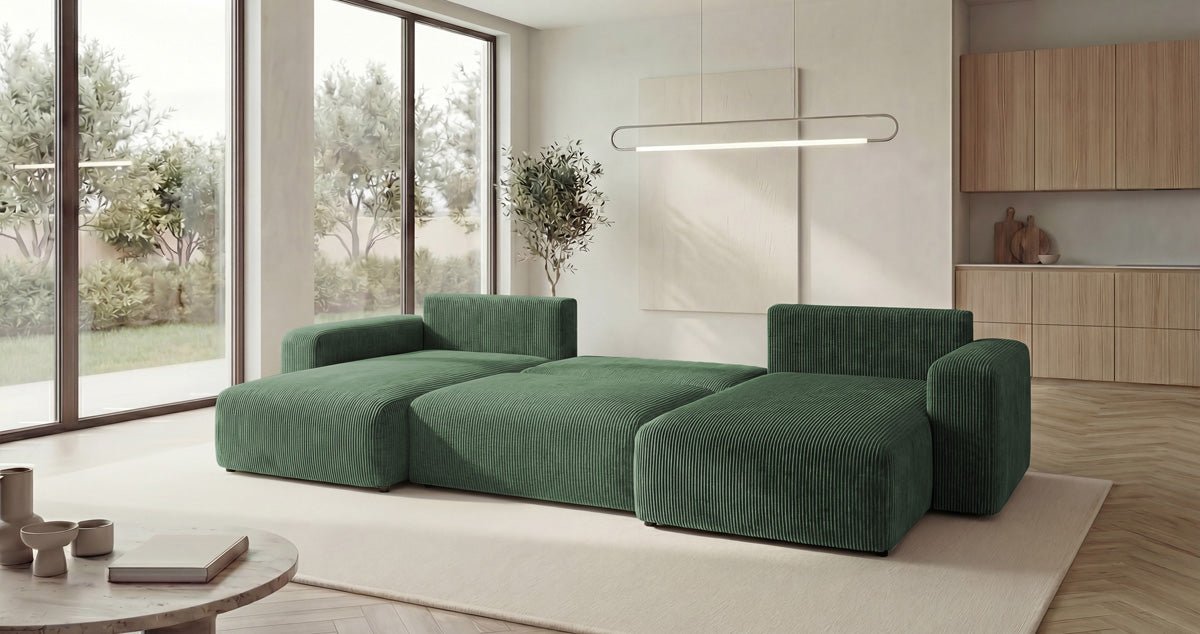 Canapé design Noma U avec fonction couchage et espace de rangement en Côtelé