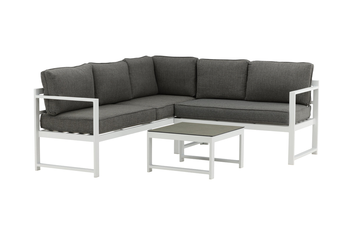 Ensemble lounge de jardin Tamara – en Gris avec plateau en verre pour terrasse et balcon