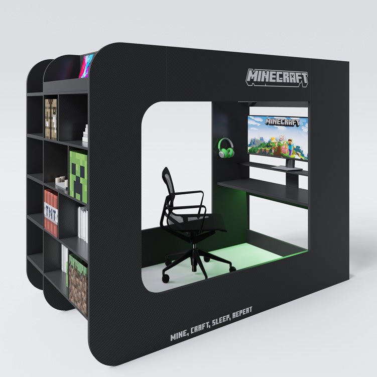 Minecraft Gaming-Hochbett „BaseCamp XL“ mat Schreifdësch & Regal